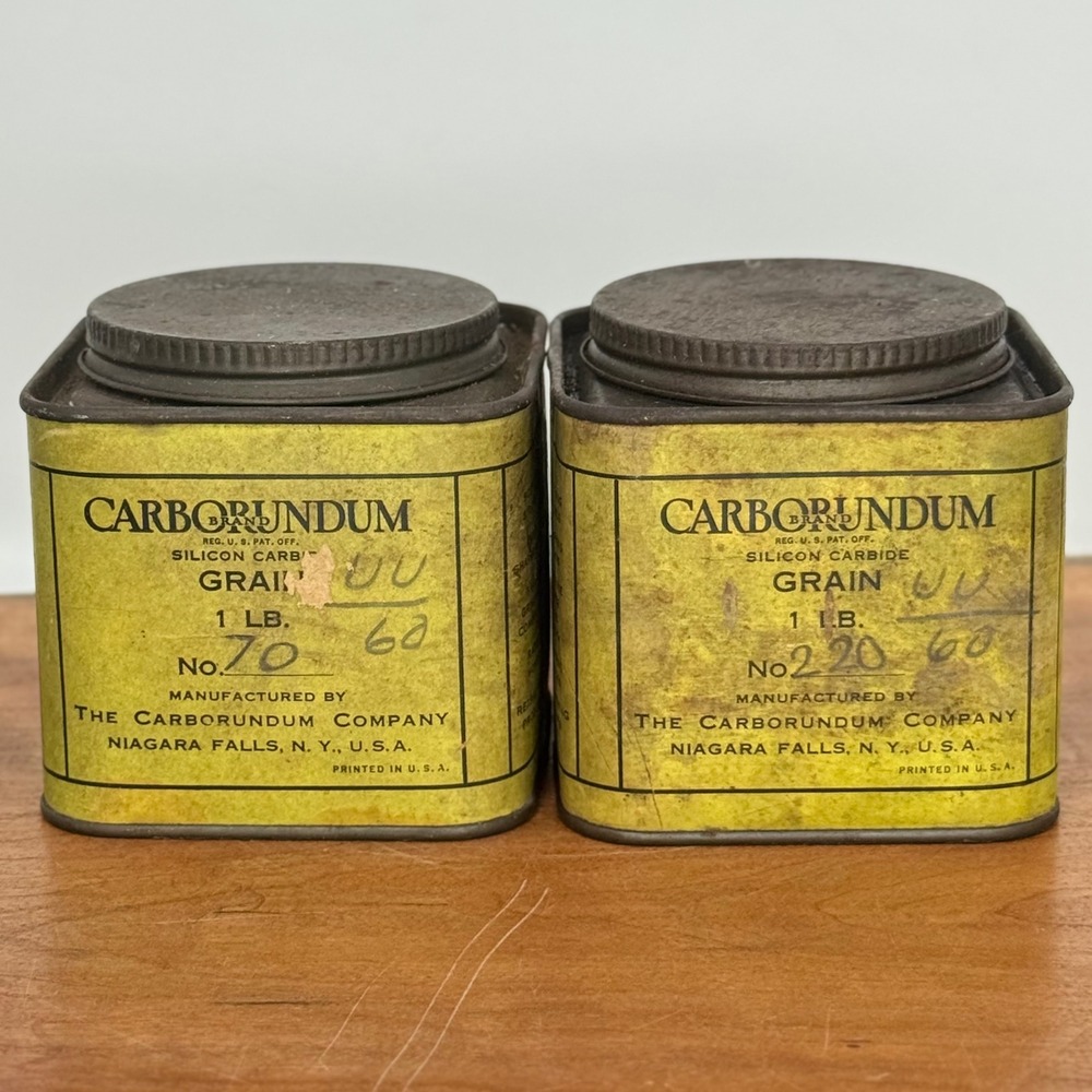 Vintage Carborundum Company Silicon Carbide Grain Tins Set of 2 Niagara Falls NY